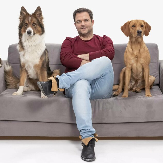 Martin Rütter mit vier Hunden auf Couch